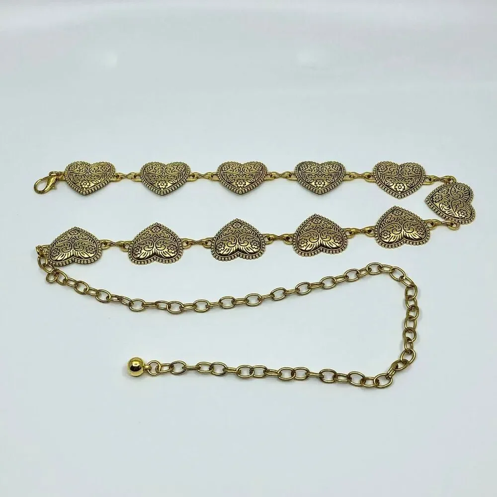 Vintage Y2K Boho Gold Textured Heart Chain Belt, Fits 22.5–40 Inches, X7GA1173